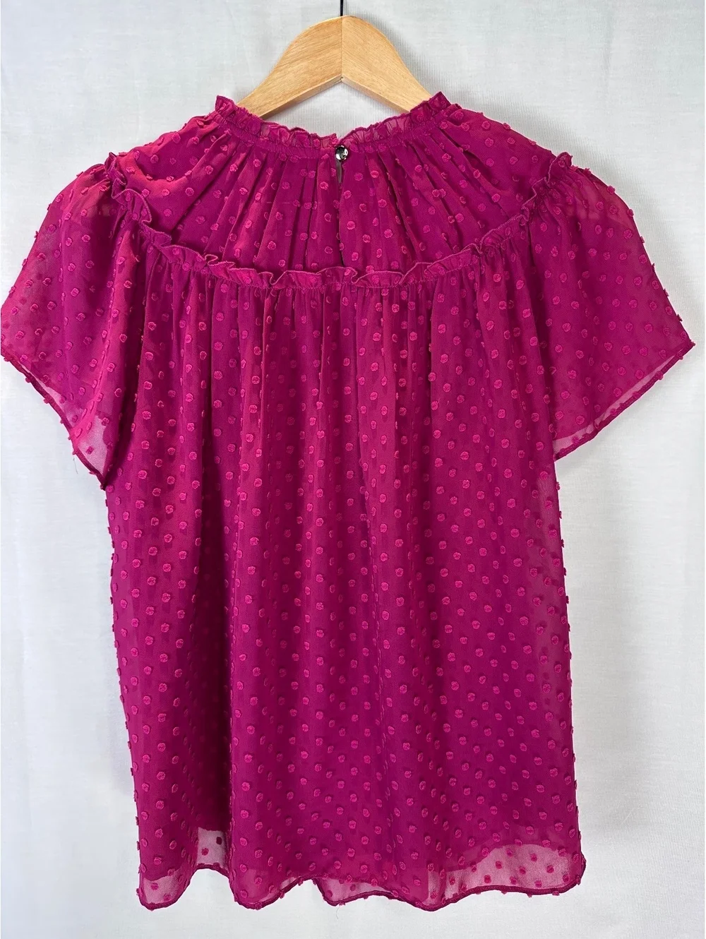 J.Crew Size XS Magenta Swiss Dot Ruffle Flutter Sleeve Blouse